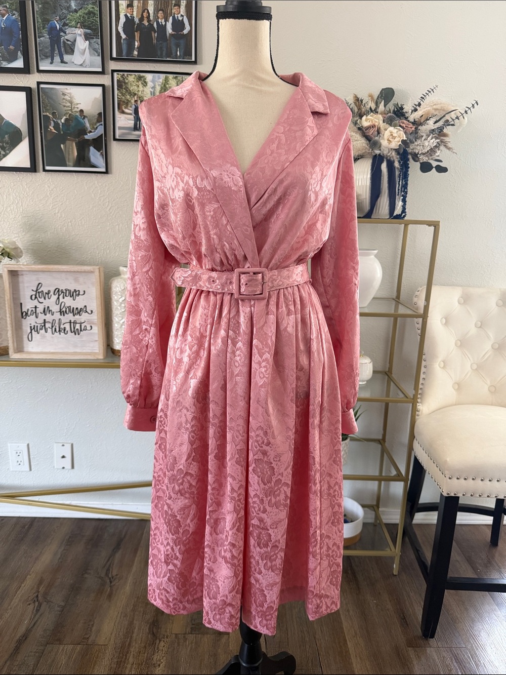 Vintage Toni Dusty Pink Jacquard Belted Midi Dress